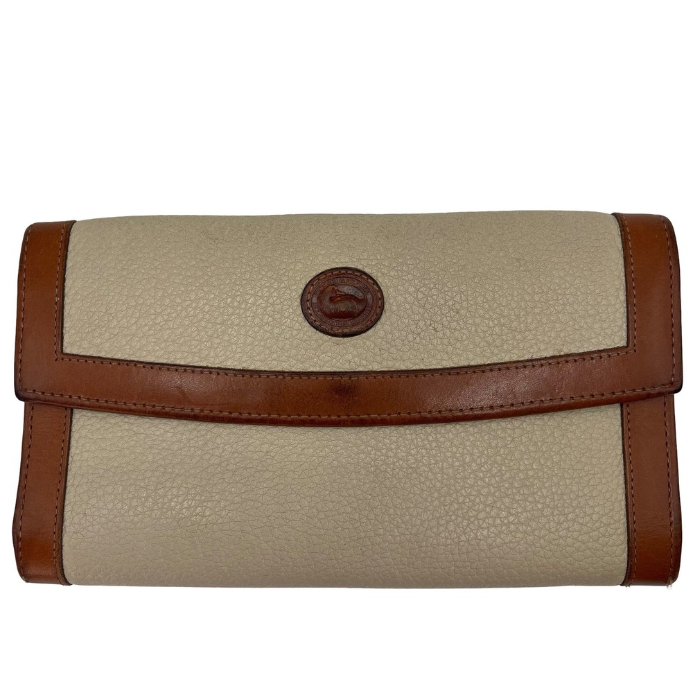 Vintage Dooney & Bourke Leather Wallet Womens Cream‎ Brown Kisslock Clutch